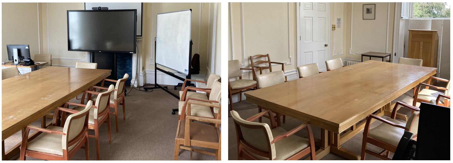 Photos showing a large table in centre of room with chairs around.